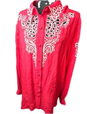 Bob Mackie Wearable Art Vintage Red Silk Blouse White Embroidered Cutouts XL