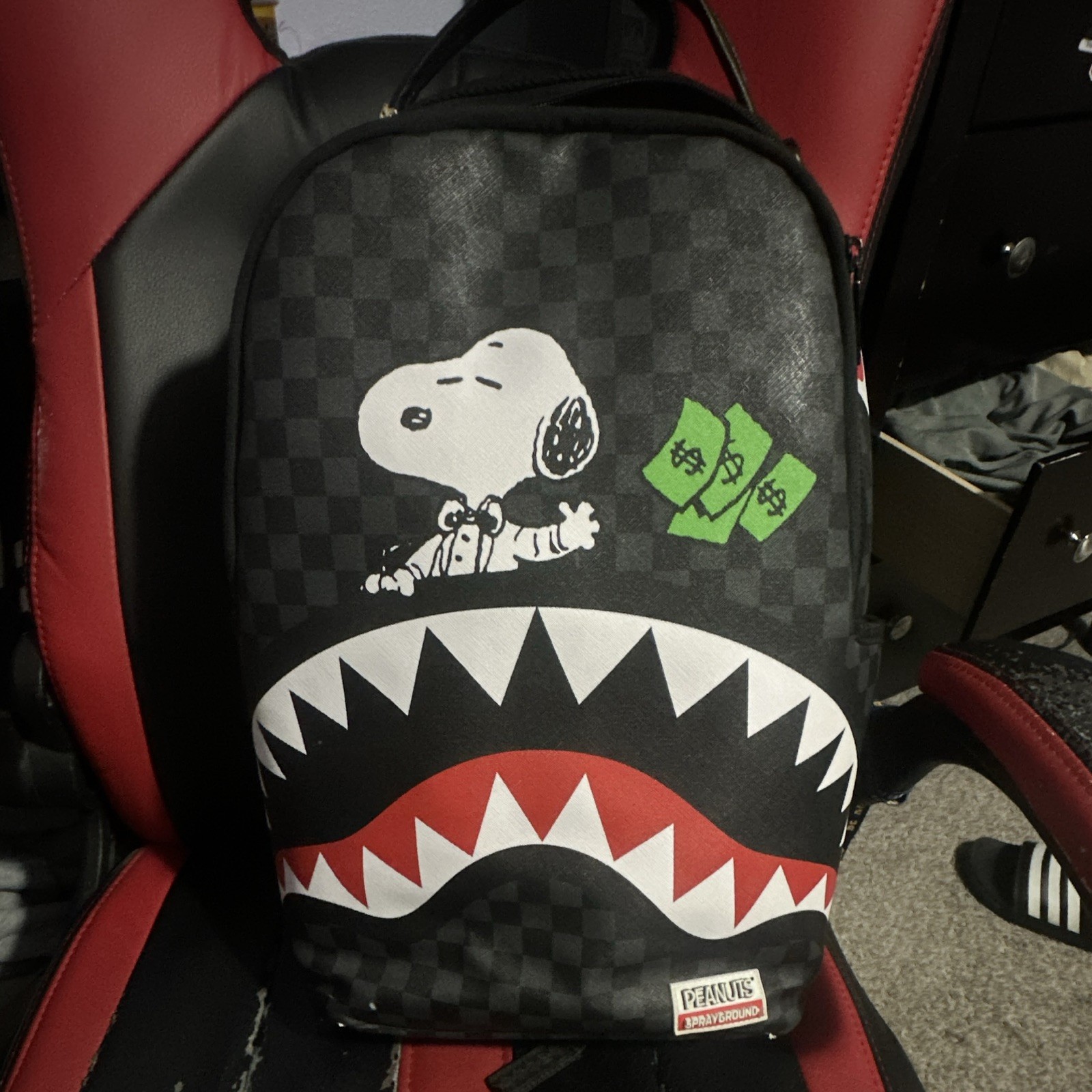 Sprayground Peanuts Snoopy Shark Mini Backpack Black Checkered Red Interior