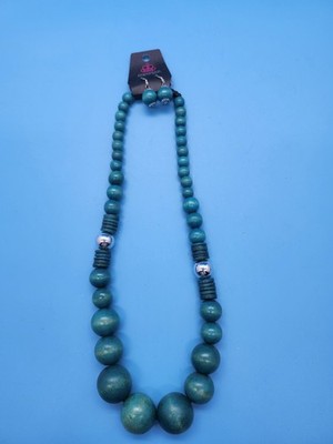 Paparazzi Necklace Earrings Set Teal Wooden Bead Statement Necklace NWT