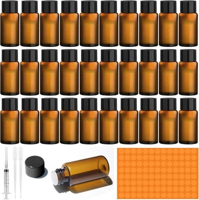 AMENTALOVE 30 Stück 5ml Braune Leere Glasflaschen, Fläschchen für Ätherische Öle, Mini Glas