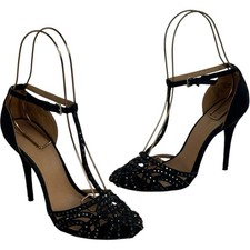 Nine West Avaline OLI Rhinestone Studs T-Strap Stilettos Pump Black Women's 8M