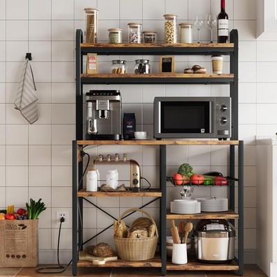 5-Tier Bakers Rack W/ Wire Basket Microwave Stand W/ Built-in Power Outlets