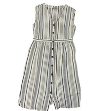 LOFT Women's 14 Cream Blue Striped Sleeveless Midi Shirt Dress Linen Blend