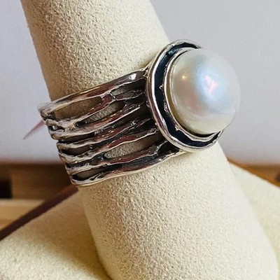 Noa Zuman 925 Sterling Silver  White Pearl 11mm Wide Band Ring Size 9