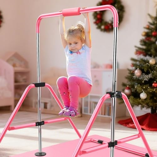  Gymnastics Bar with Mat, Foldable Gymnastics Horizontal Bar Height Pink-Mat