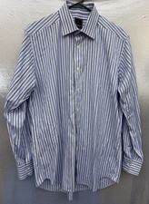 David Donahue Shirt Mens Sz 17 34/35 Trim Blue White Striped Cotton Button Down