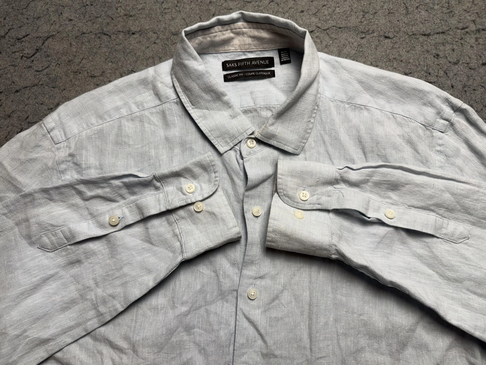 Saks Fifth Avenue Shirt Mens XL Blue Linen Classic Fit Button Front Long Sleeve