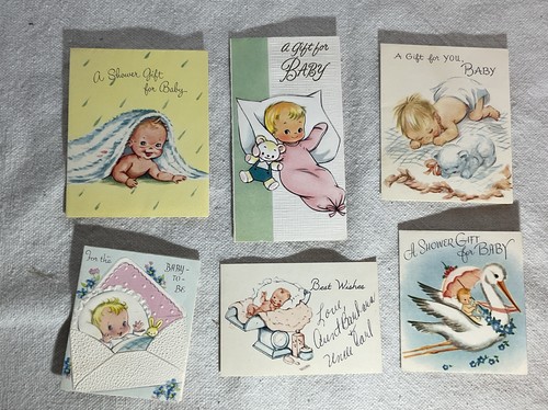 Vtg Six Baby Shower Greeting Cards Adorable Babies Stork Teddy 1950’s Embossed