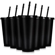 Hooqict 7 Sets Reusable Cups with Lids and Straws 24 oz Plastic Tumblers Blac...