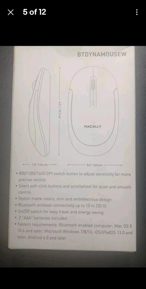 Macally Wireless Slim Bluetooth Optical Mouse For MacOS Windows iPadOS Android - Image 2 of 2