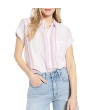 Rails Whitney Stripe Sahara Button Down Linen Blend Short Sleeve Shirt Pastel XS