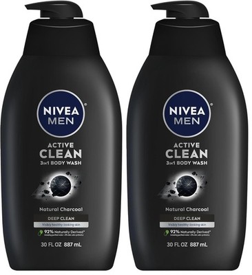 NIVEA MEN Active Clean Charcoal Body Wash 3 in 1 30 Fl Oz Pack of 2