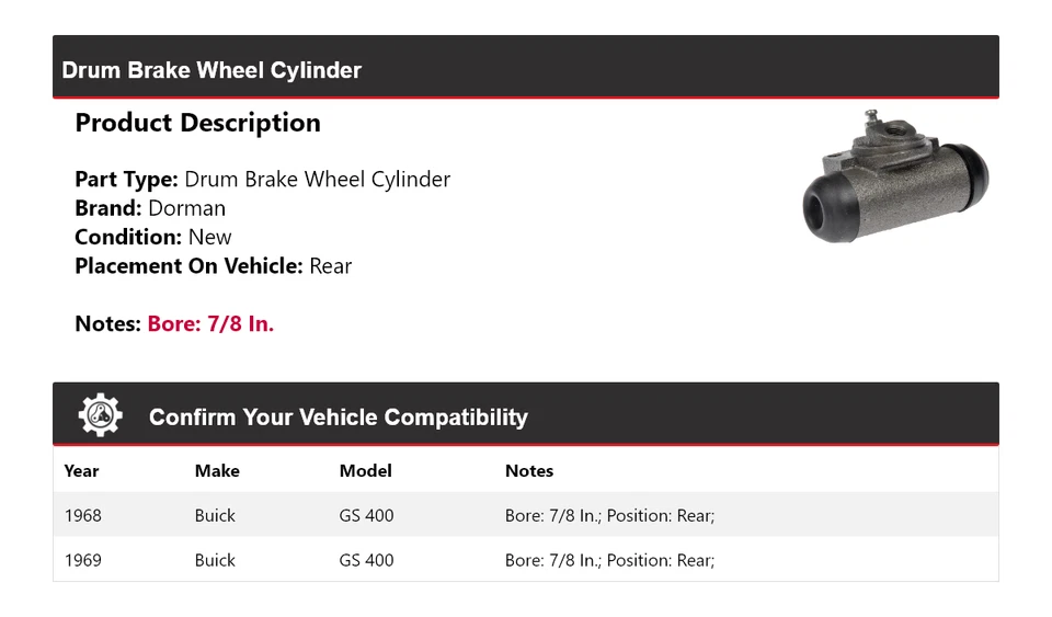 Cilindro trasero de rueda de freno de tambor Dorman Buick GS 400 1968-1969 Foto 2 de 4