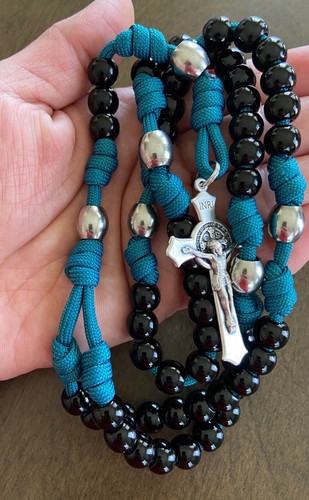 Paracord Rosary, Stainless steel/Black Beads Catholic Rosary, Rugged—Handmade - Picture 8 of 9