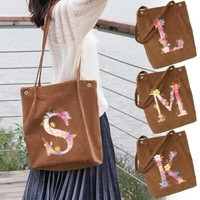 Printed Corduroy Totes Bag Shoulder Handbags for Girls Big Capacity Shopping Bag