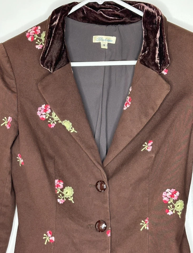 Blazer Shoshanna Mujer Floral Bordado 8 Cuello Terciopelo 3 Botones Forrado Marrón Foto 3 de 4