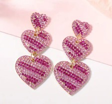 Light  Hot Pink Striped Rhinestone Triple Heart Dangle Earrings Valentine's Day