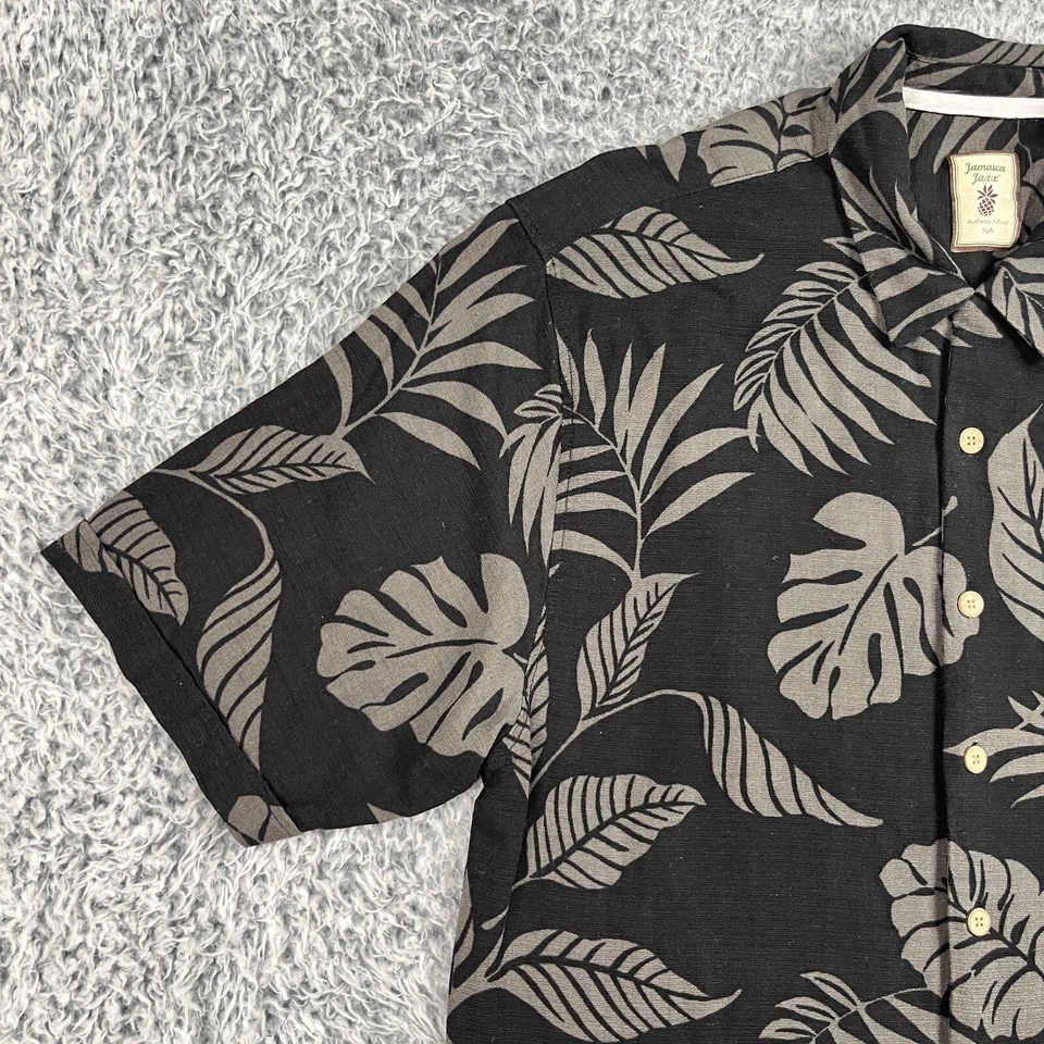 Camisa Jamaicana Jaxx Seda Para Hombres Grande Negra Campamento Hawaiano Floral Hoja Tropical Foto 3 de 4