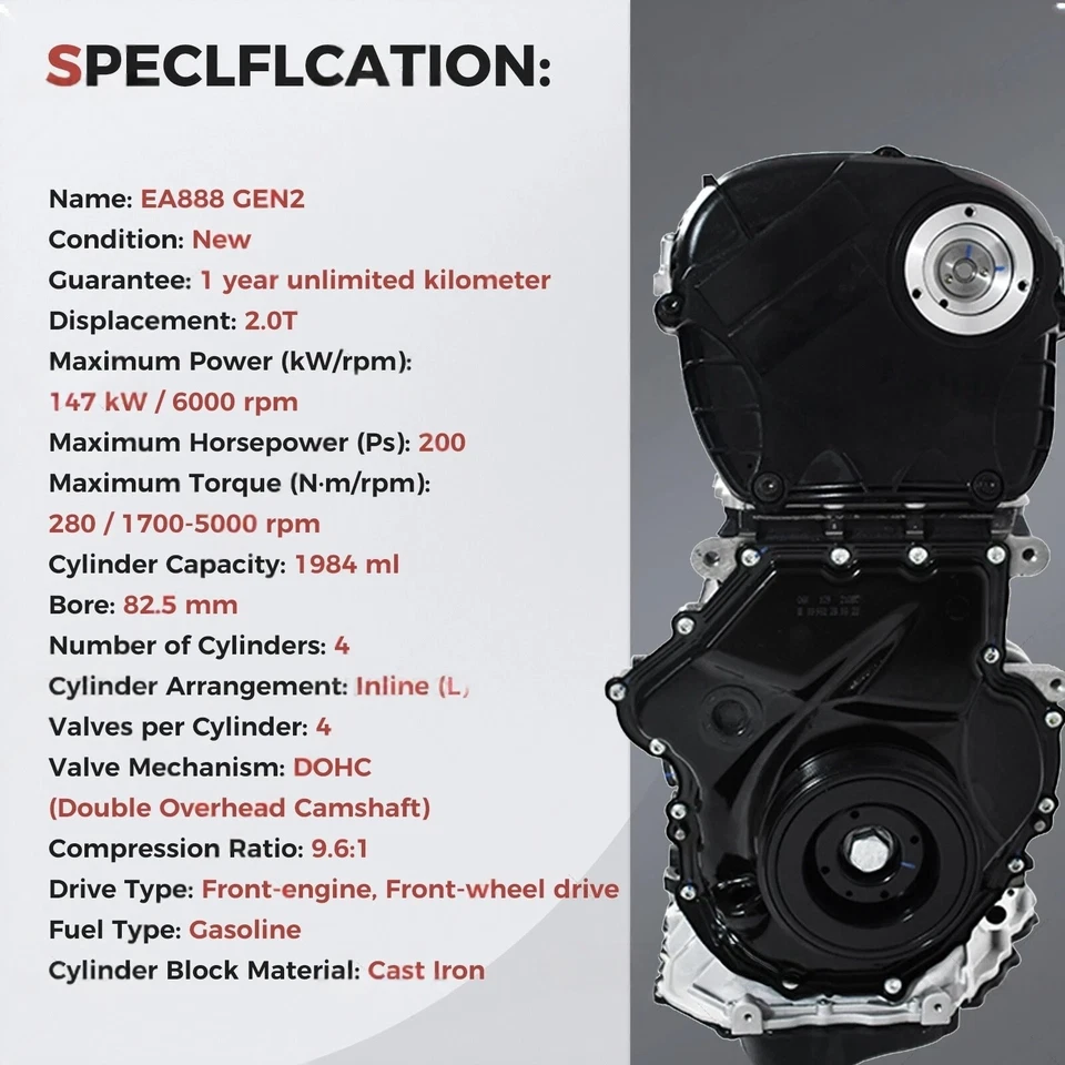 For Audi VW EA888 Gen-2 2.0L Gas Turbo TSI 4-Cylinder Long Block Engine Assembly - Image 4 of 4