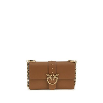 PINKO Brown Calf Leather Bos Taurus One Shoulder Bag with Love Birds Buckle