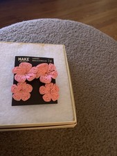 Pink Double Flower Raffia Earrings. Post Dangle Drop with Gold Tone Accents New