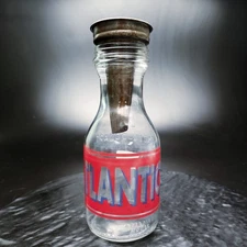 VTG 1930s Atlantic Oil Bottle 1 Qt Glass+Master Spout Gas Station Pyroglaze