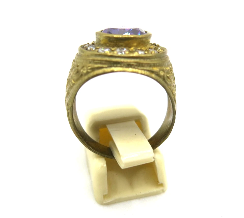 Anillo de sello vintage de latón para hombre - piedra amatista con diamantes circonita cúbica - talla 9 - 20 x 20 Foto 3 de 4