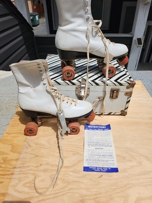 Vintage Chicago Hyde Women Roller Skates White No 76P Wood Wheels & Case size 9