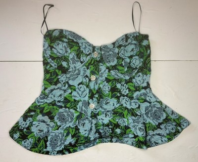 Zara Blue & Green Floral Jacquard Bustier Corset Top Rhinestone Buttons - Large