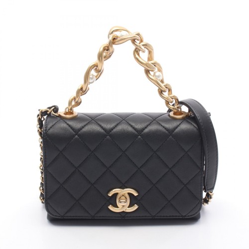 CHANEL Matelasse small flap Chain Shoulder Bag Lamb leather Black Used Women GHW
