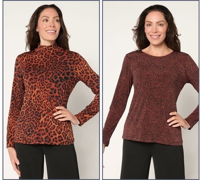 Susan Graver Women's Top Plus Sz 2X Printed Liquid Knit Long Sleeve Brown