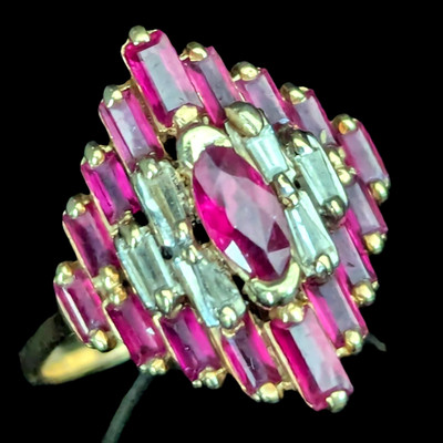 Vintage Rubies Diamonds 14k  Yellow Gold Statement Ring Geometric Cluster Estate