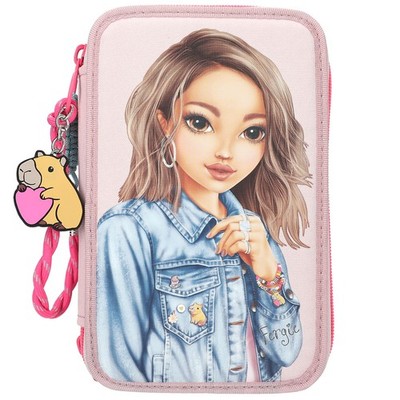 TOPModel 3-Fach Federtasche Creme Rosa Model Motiv Buntstifte Schere Lineal