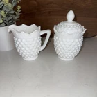 Vintage FENTON  Drip Edge Creamer And Sugar Bowl Set HOBNAIL WHITE Milk Glass