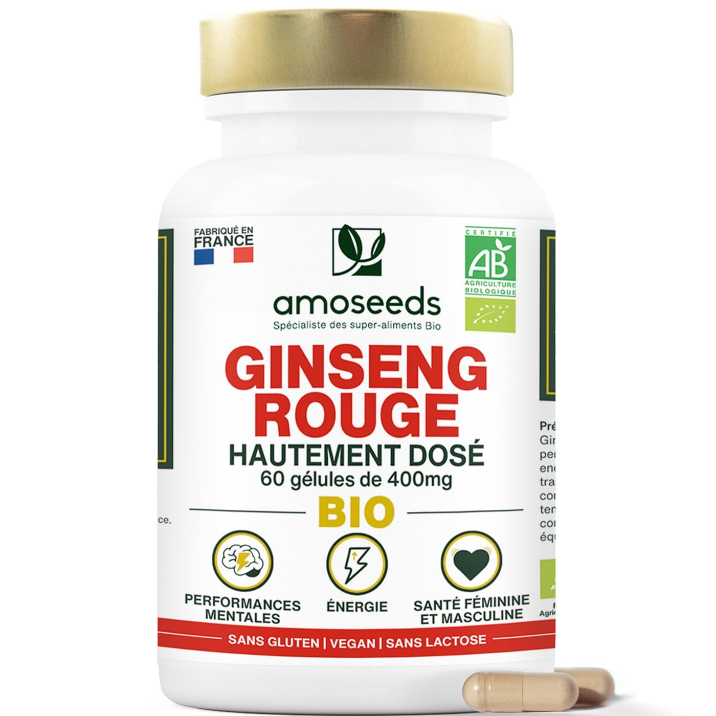 Extrait de Panax Ginseng Rouge BIO de Corée 60 Gélules Haute Concentration pour l'Énergie