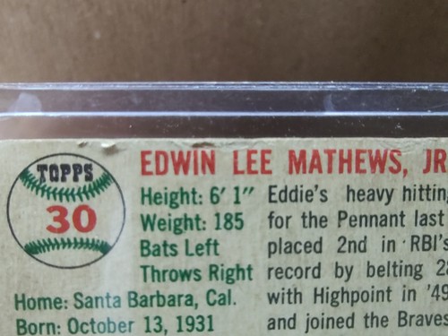 1954 Topps #30 Eddie Mathews Milwaukee Braves - Picture 7 of 8
