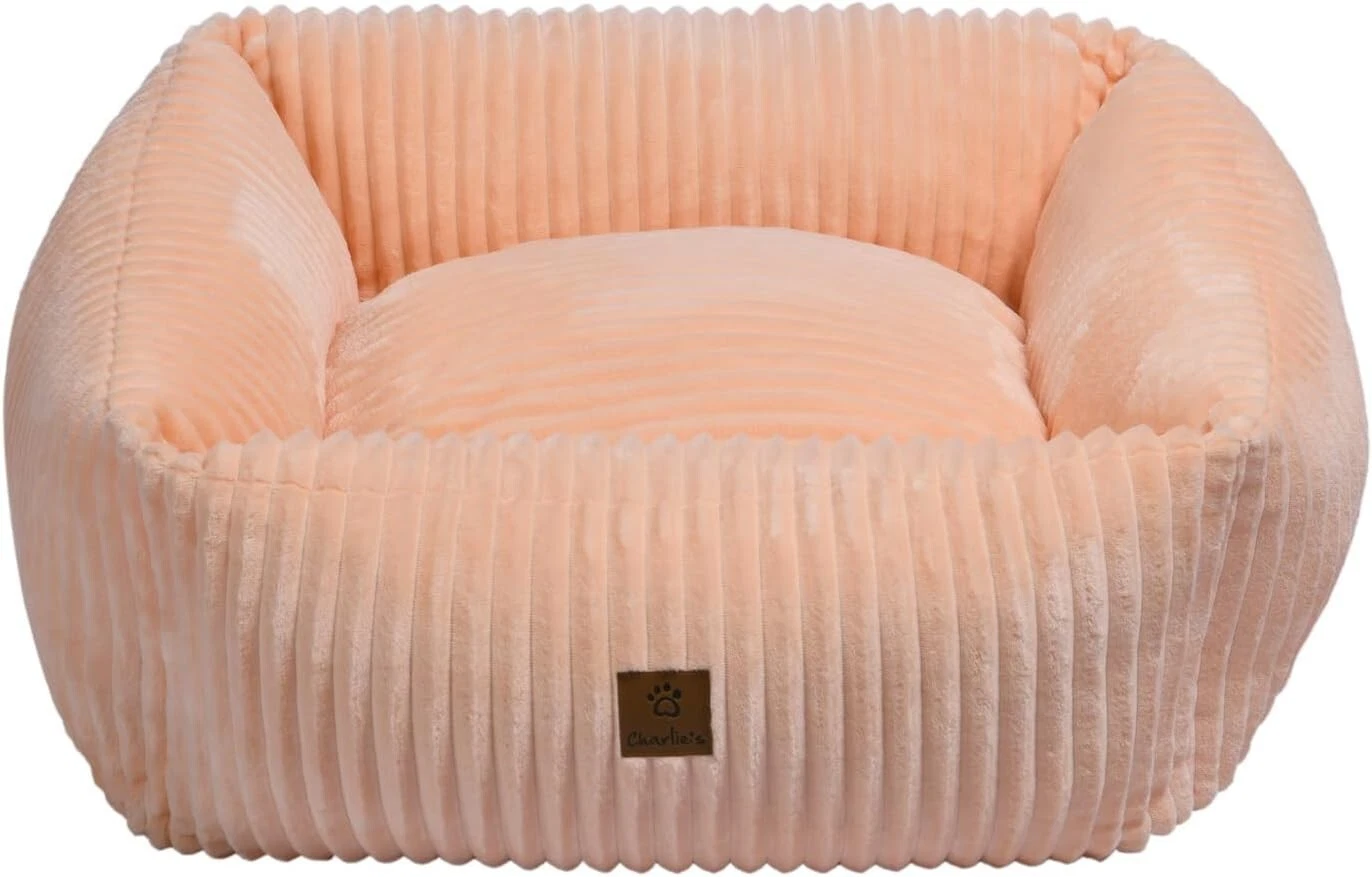Large Beige Plush Corduroy Square Pet Bed With Detachable Plush Cover