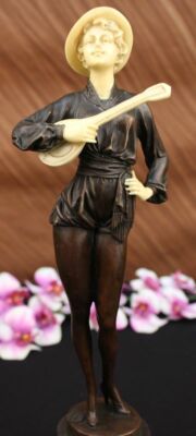 Art Deco Frau Spielt Gitarre Bronzeskulptur Marmor Figur LRG
