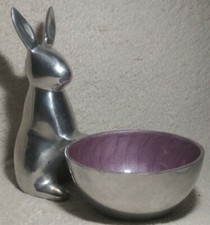 Metal Bunny Rabbit Figurine Easter Holding Bowl Lavender Glazed Centerpiece