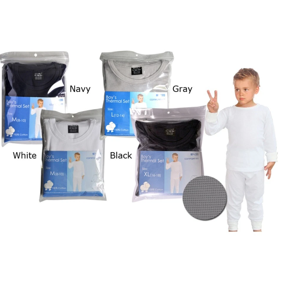 Therma Tek Boys Thermal Underwear Long Johns 2pc Cotton Waffle Top & Bottom Set