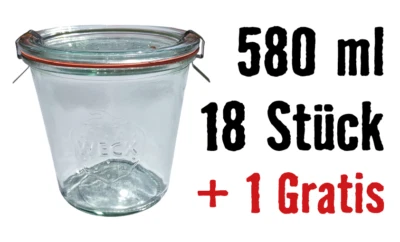 18 + 1 Weck Gläser 580ml 1/2L Sturzglas 😍 Deckel Gummi Klammer Einmachglas - Bild 1 von 3