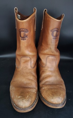 Stivali marroni originali Chippewa pull on lavoro western uomo 11 1/2 EE suole Vibram