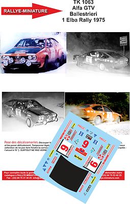 DECALS 1/18 REF 1063 ALFA ROMEO GTV BALLESTRIERI RALLYE ELBA 1975 RALLY