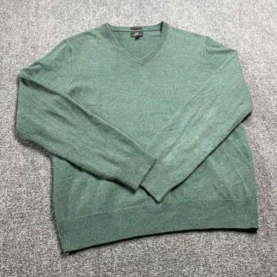 Men's Green Slim Fit Long Sleeve V-Neck Italian Cashmere Sweater  Size L