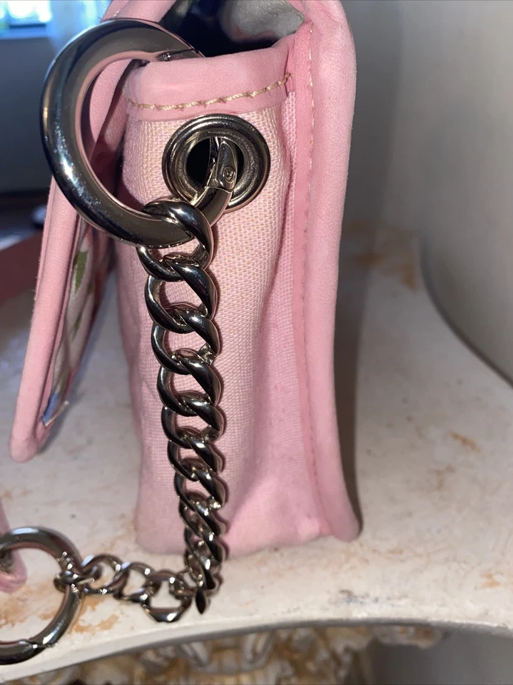 Bolso sin asas Jean Louis Fernandez rosa acolchado de lona cuero cadena solapa Francia Foto 4 de 4