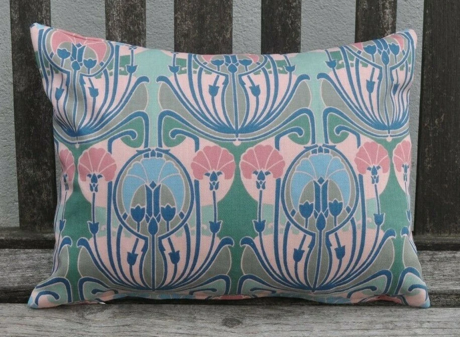 12 x 16" zipped Art Nouveau style cotton pink blue green/pink velvet cushion - Image 2 of 4