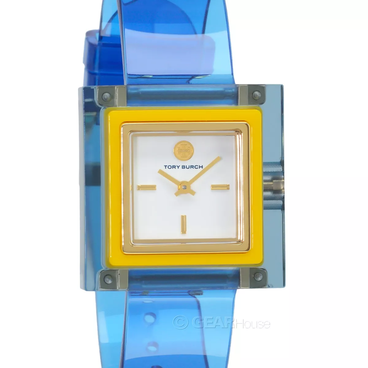 TORY BURCH Sedgwick Womens Square Watch White Dial Blue Yellow Translucent Band
