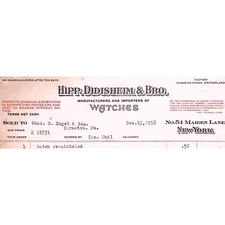 1918 NEW YORK HIPP, DIDISHEM & BRO. WATCHES MAIDEN STREET BILLHEAD INVOICE Z181