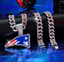 NEW ENGLAND PATRIOTS GEM NECKLACE Silver Bling Football Pendant /20" Cuban Chain