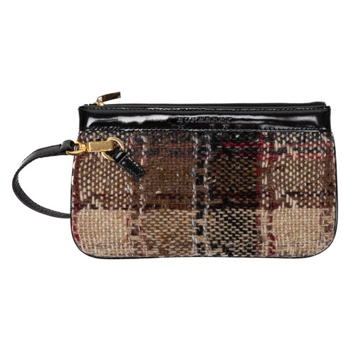 Burberry Beige/Black Zip Pouch Handbag Large Nova Check Wool Canvas